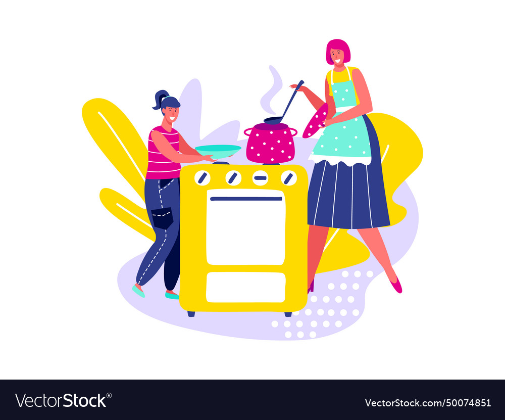 Two cartoon women cooking together in a stylized