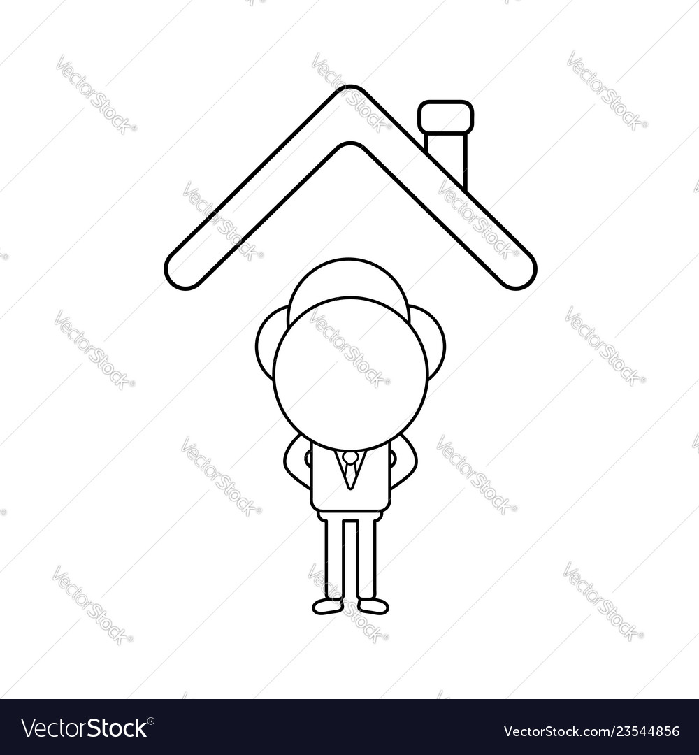 Businessman character standing under house roof