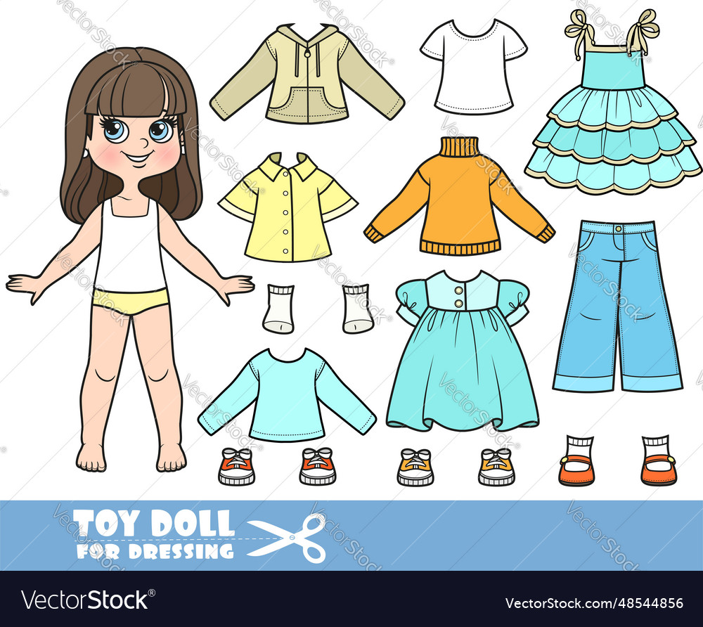 Cartoon brunette girl and clothes separately Vector Image