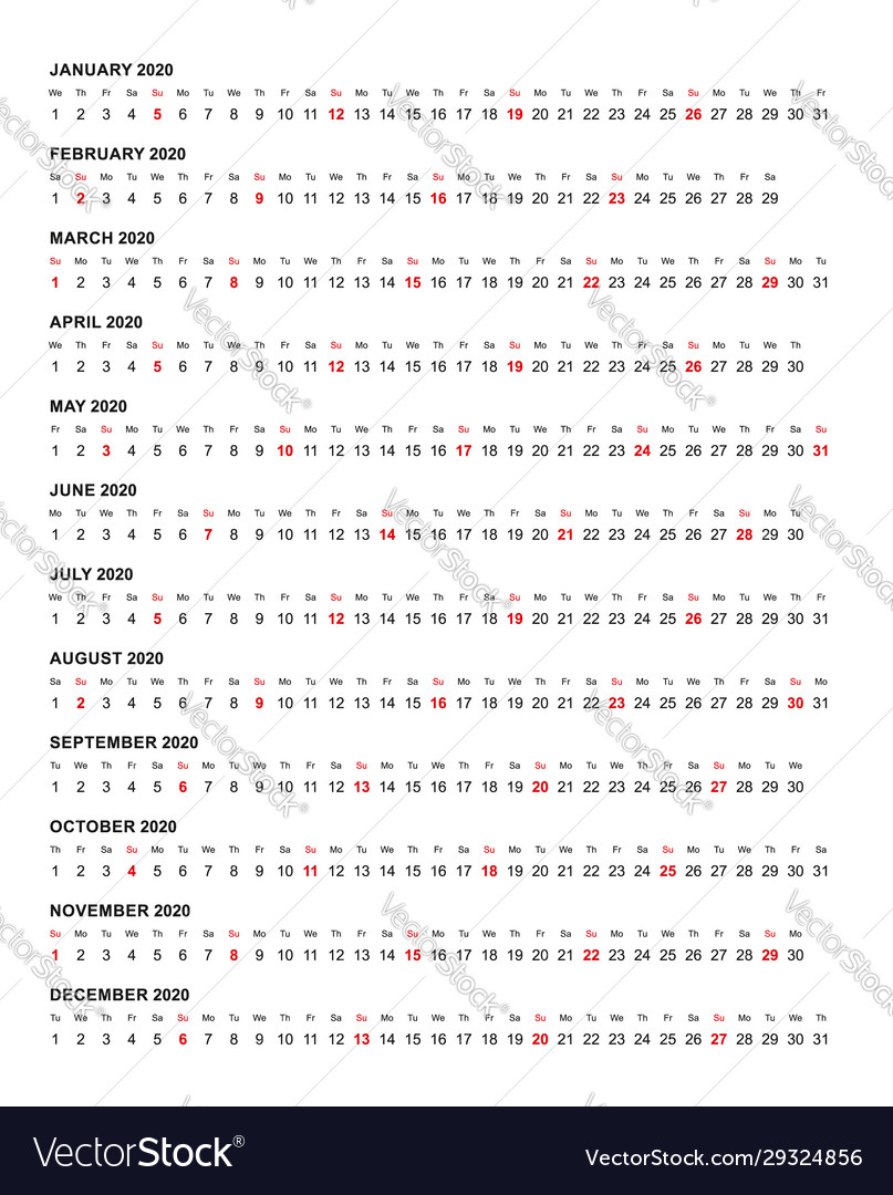 Simple horizontal calendar template year 2020 Vector Image