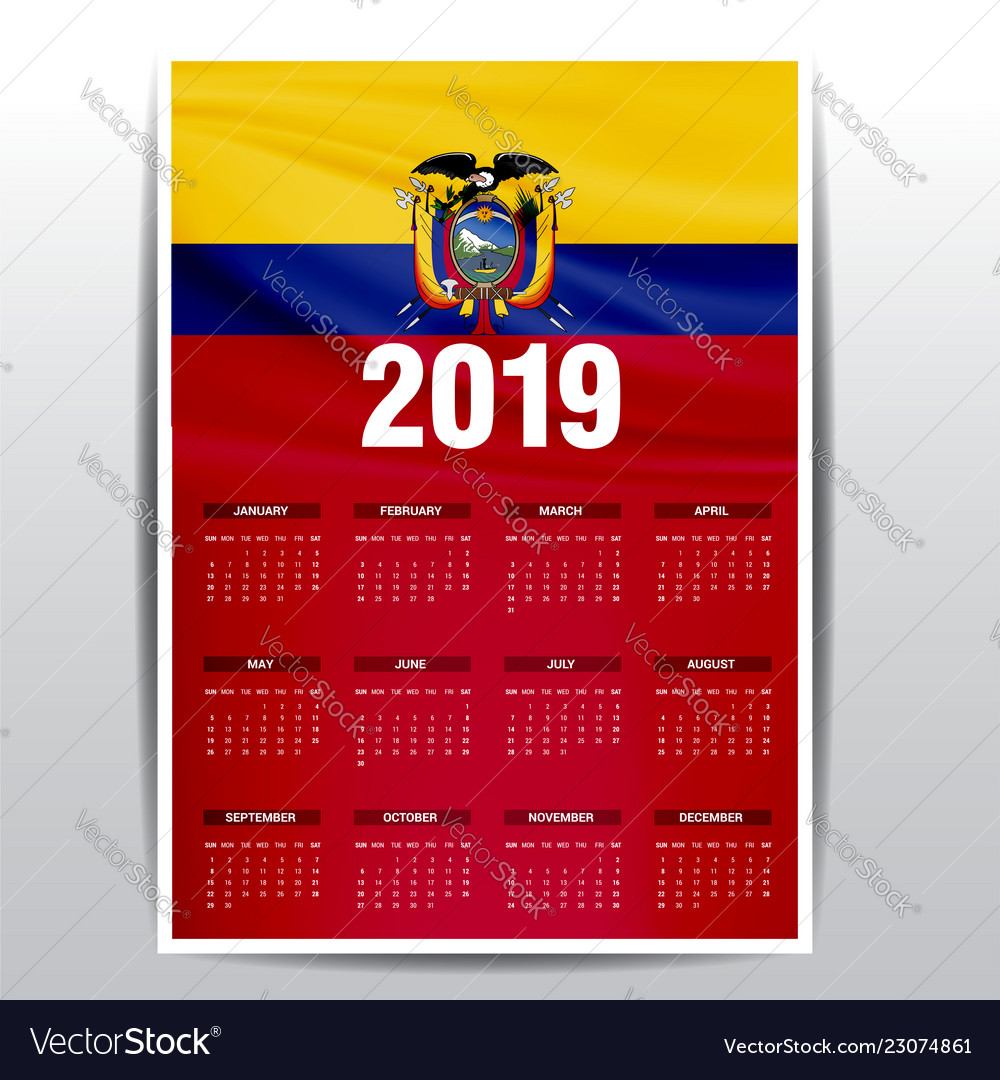 Calendar 2019 ecuador flag background english