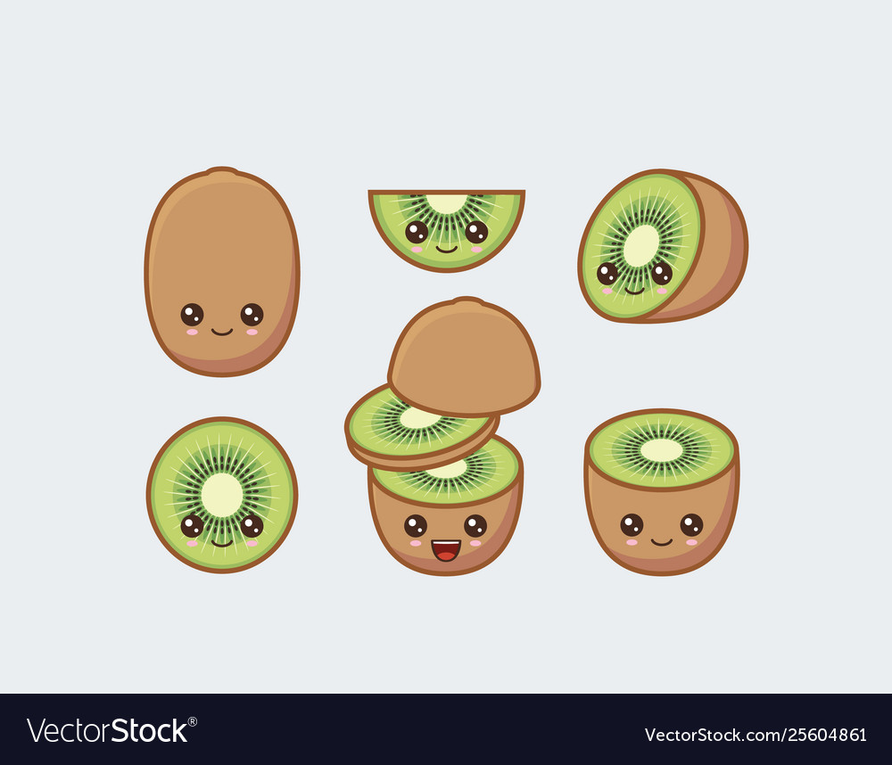 Kiwi set drawn cute kawaii food faces Royalty Free Vector