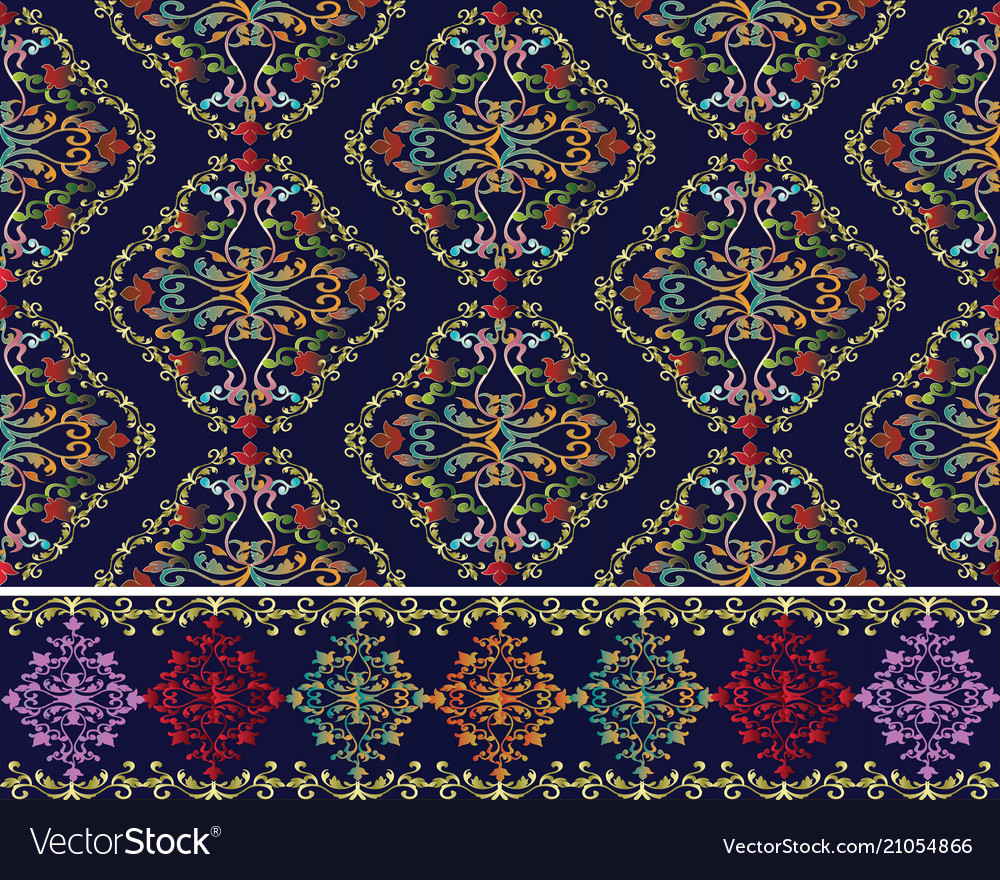 Damask baroque seamless pattern and border set vector image Damask baroque seamless pattern and border set