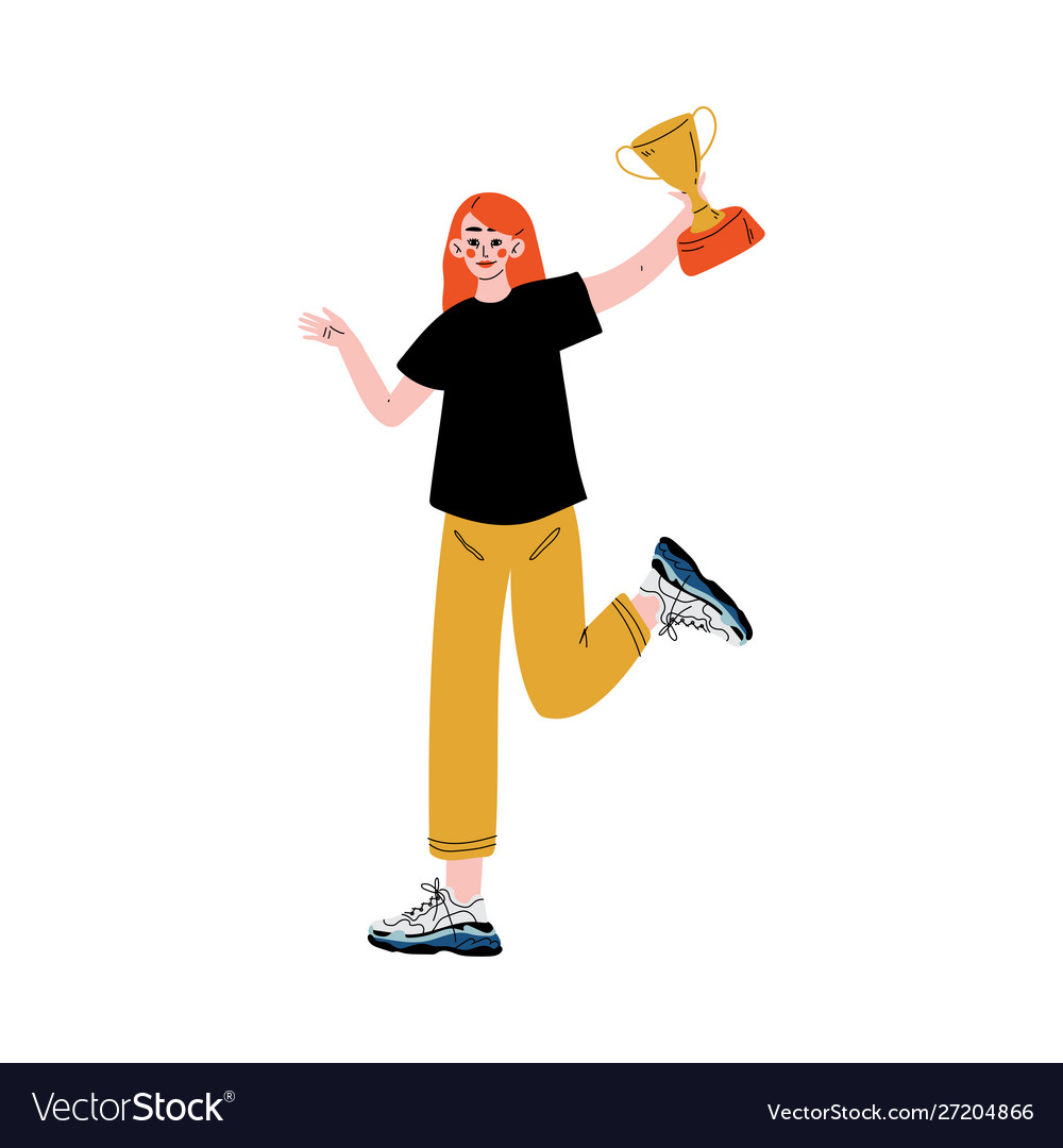 Girl holding winner cup happy young woman