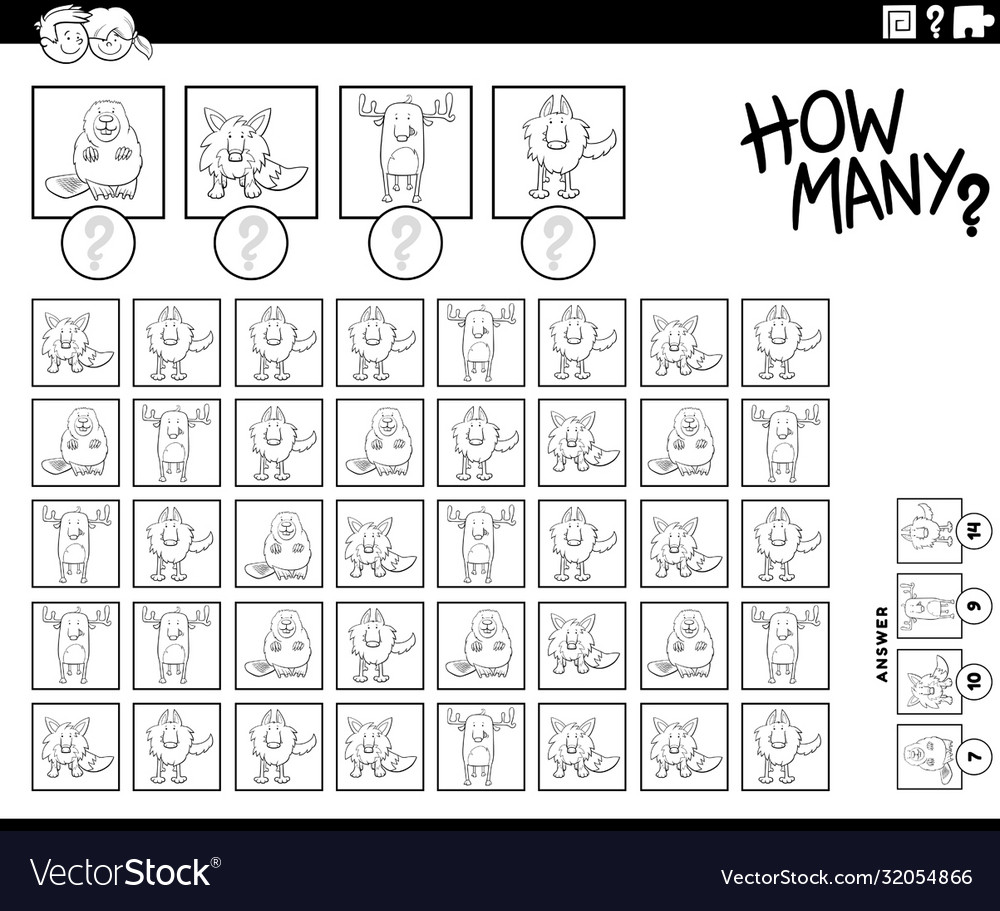How many animals counting game color book page Vector Image How many animals counting game color book page Vector Image