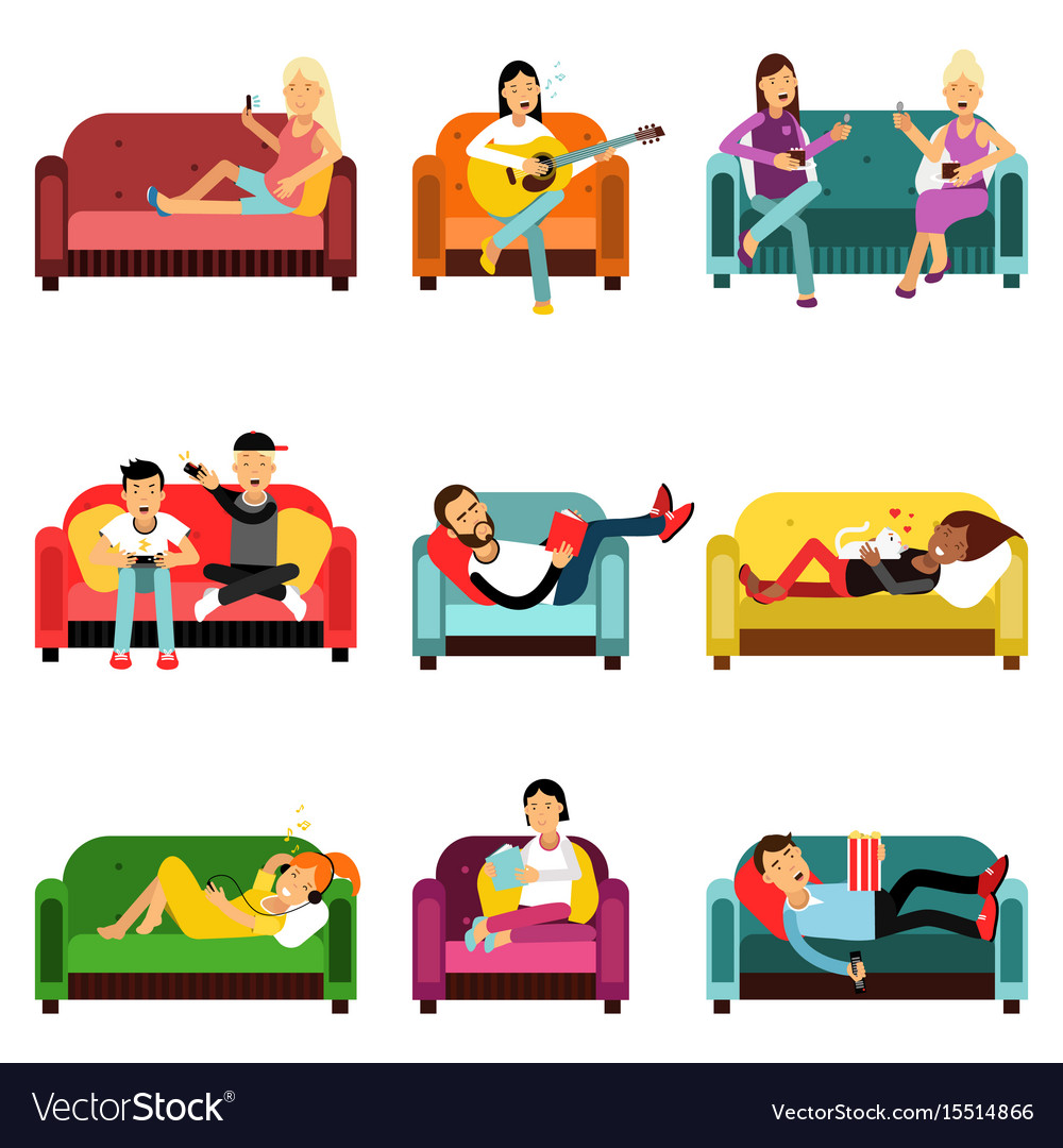 People Doing Different Activities Sitting On The Vector Image