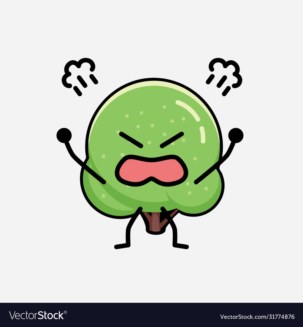 Cute green rounded tree mascot character in flat