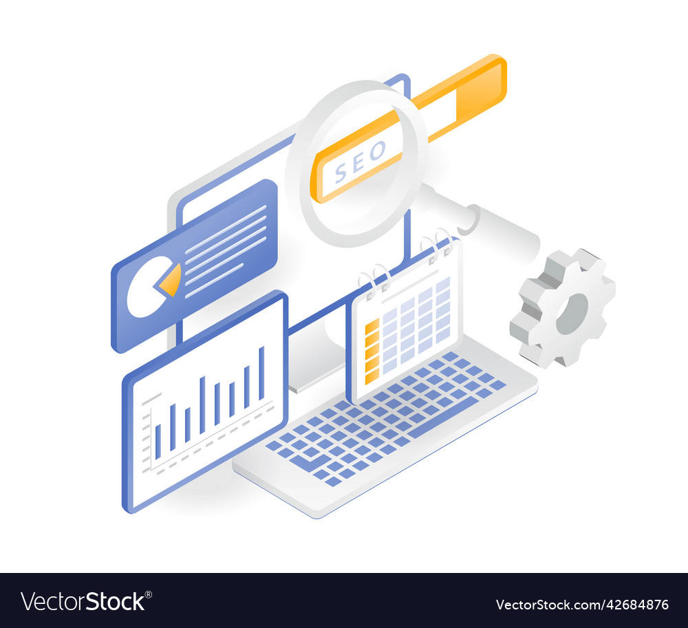 Flat isometric concept web seo optimization vector image Flat isometric concept web seo optimization
