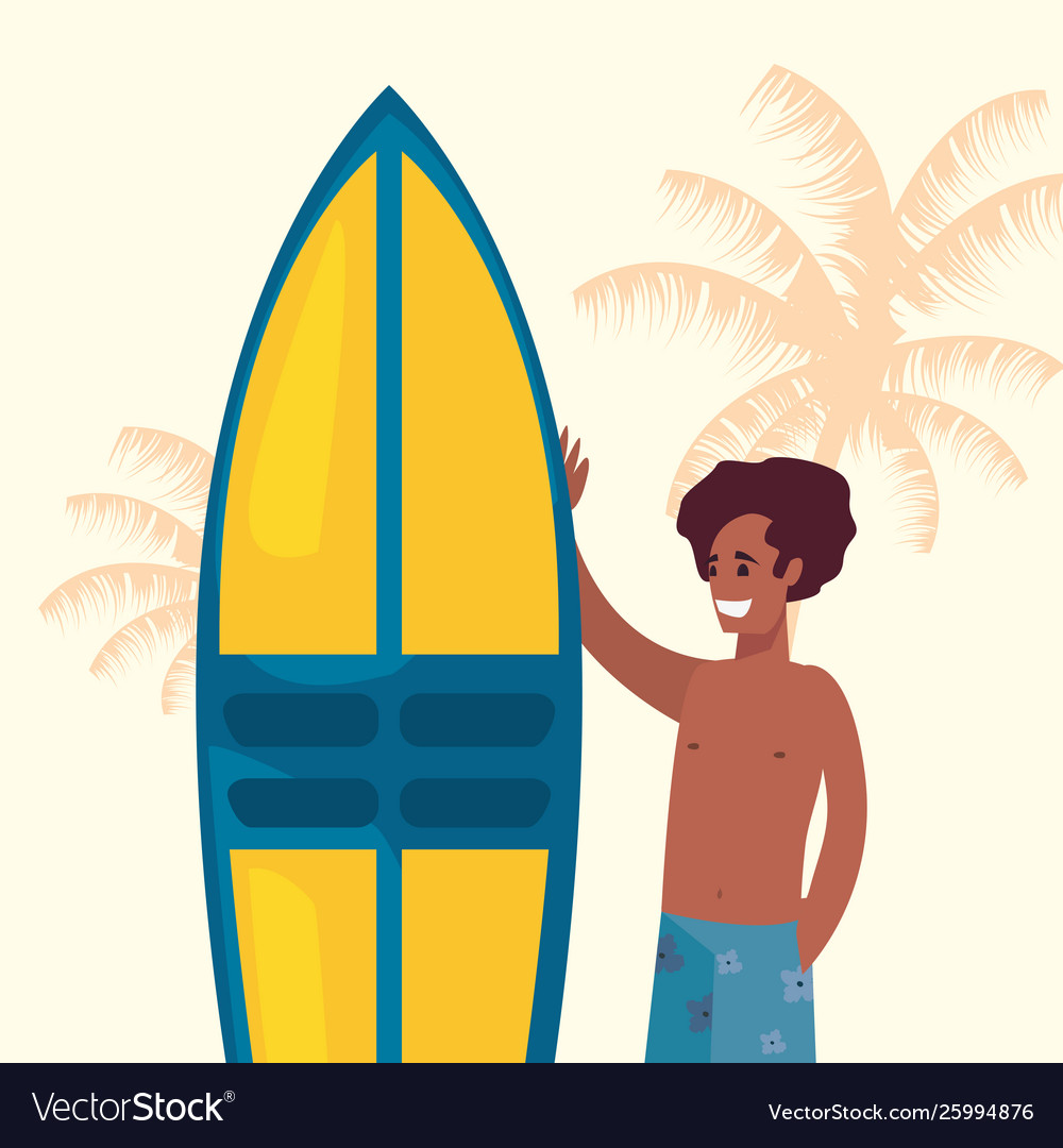 Man with surfboard palm tree background summer