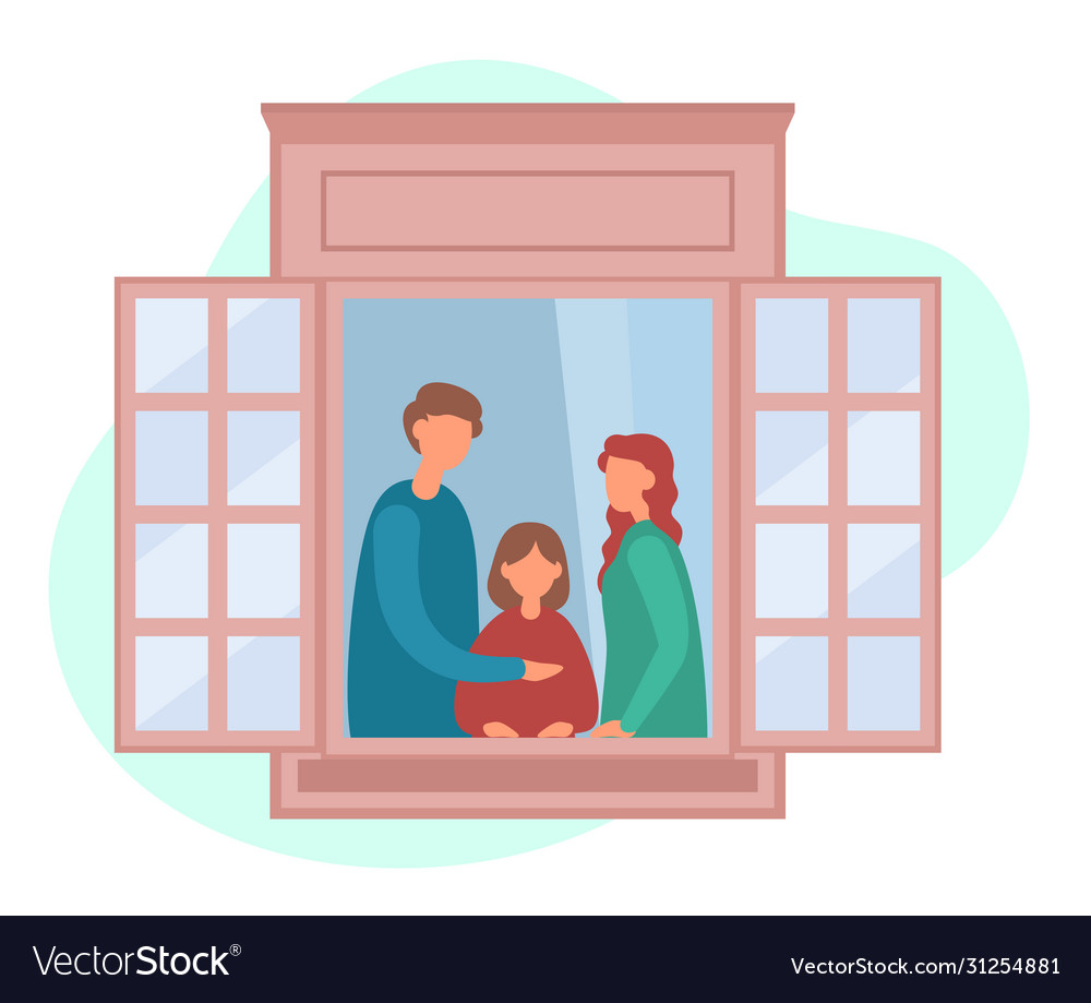 Family resting near open window at home