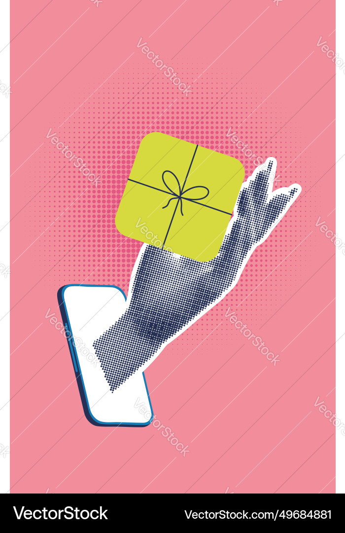 Halftone hand with gift box Royalty Free Vector Image