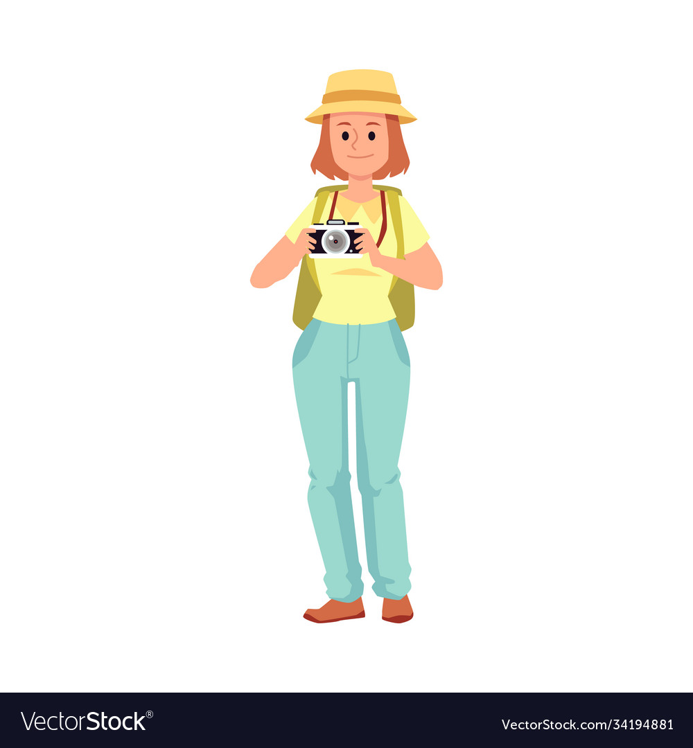 Woman with camera tourist or traveler flat