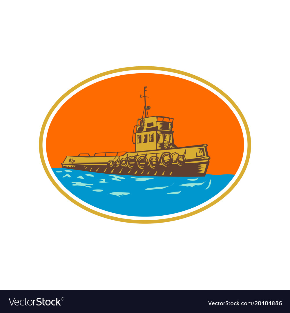 Tugboat tug towboat woodcut Royalty Free Vector Image