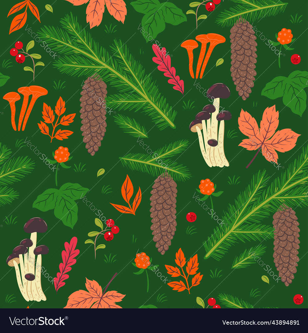 Forest seamless pattern with cones berries vector image Forest seamless pattern with cones berries