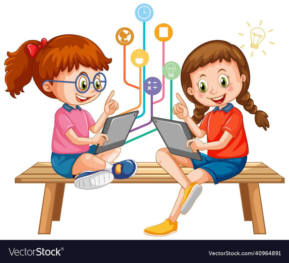 Two Girls Using Tablet With Education Objects Vector Image