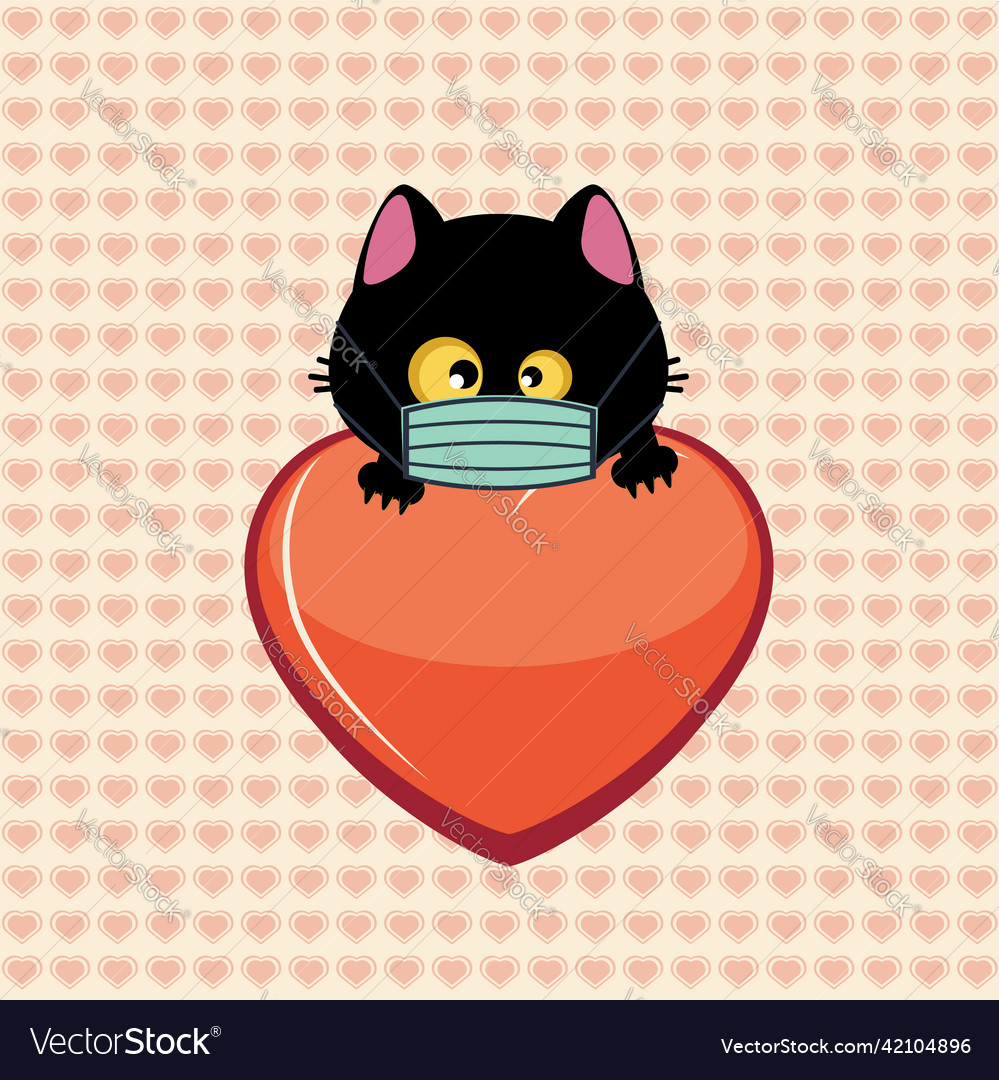 Black cat head in mask and heart