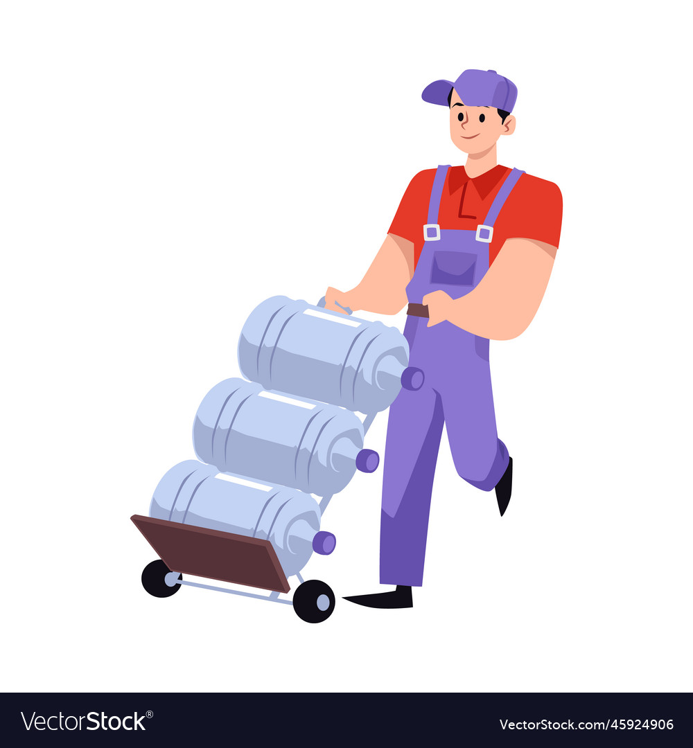 Happy male courier pushing cart with big water