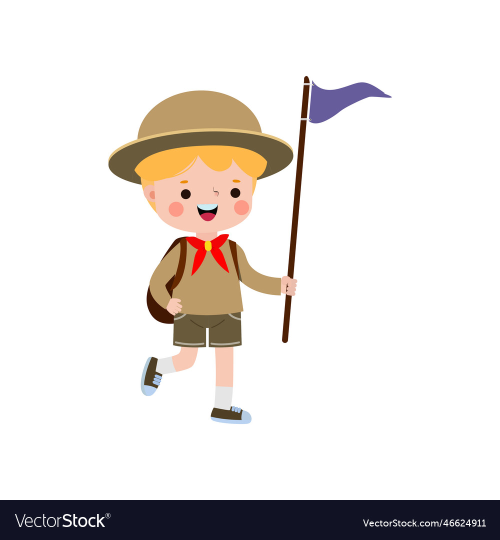 Cute little boy scout with backpack and flag Vector Image