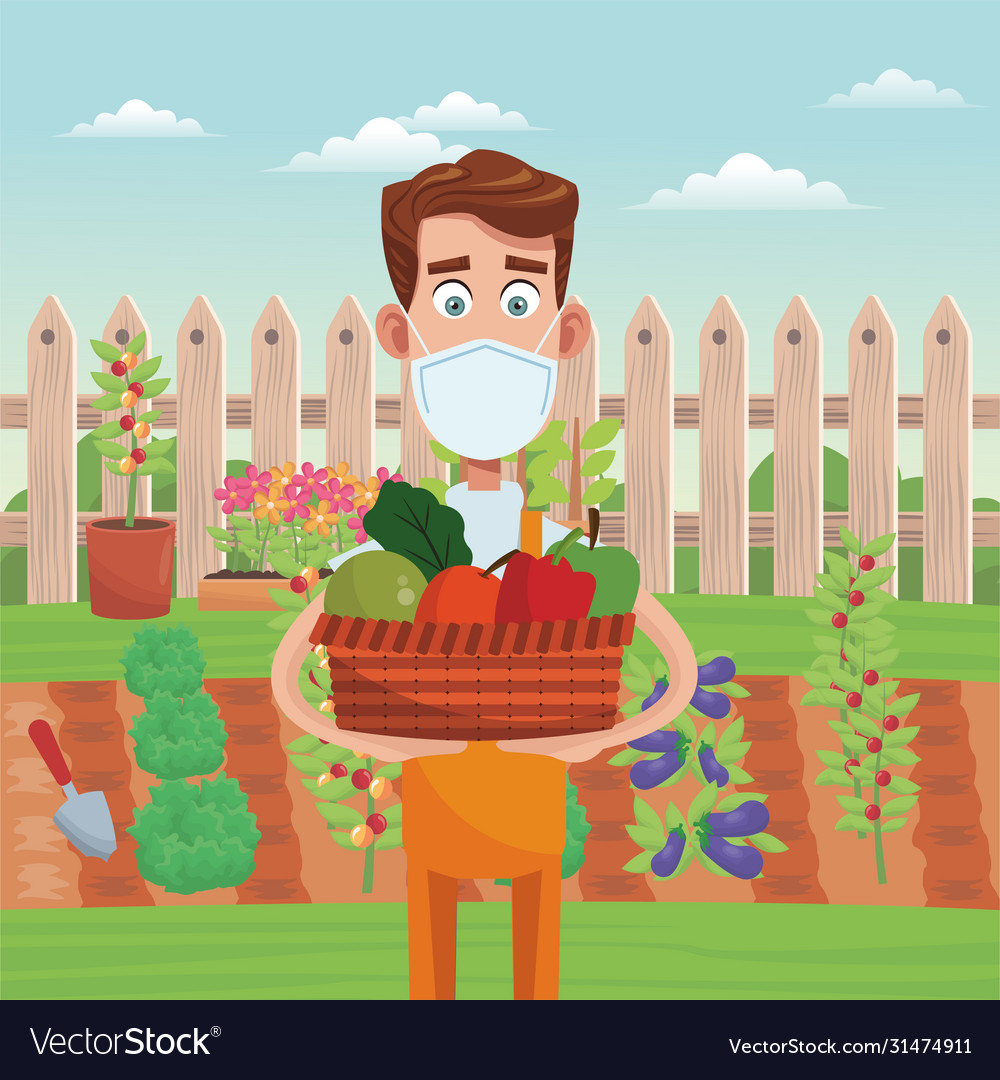 Male farmer wearing medical mask scene Royalty Free Vector