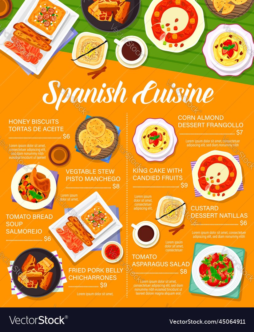 Spanish cuisine restaurant food menu template Vector Image