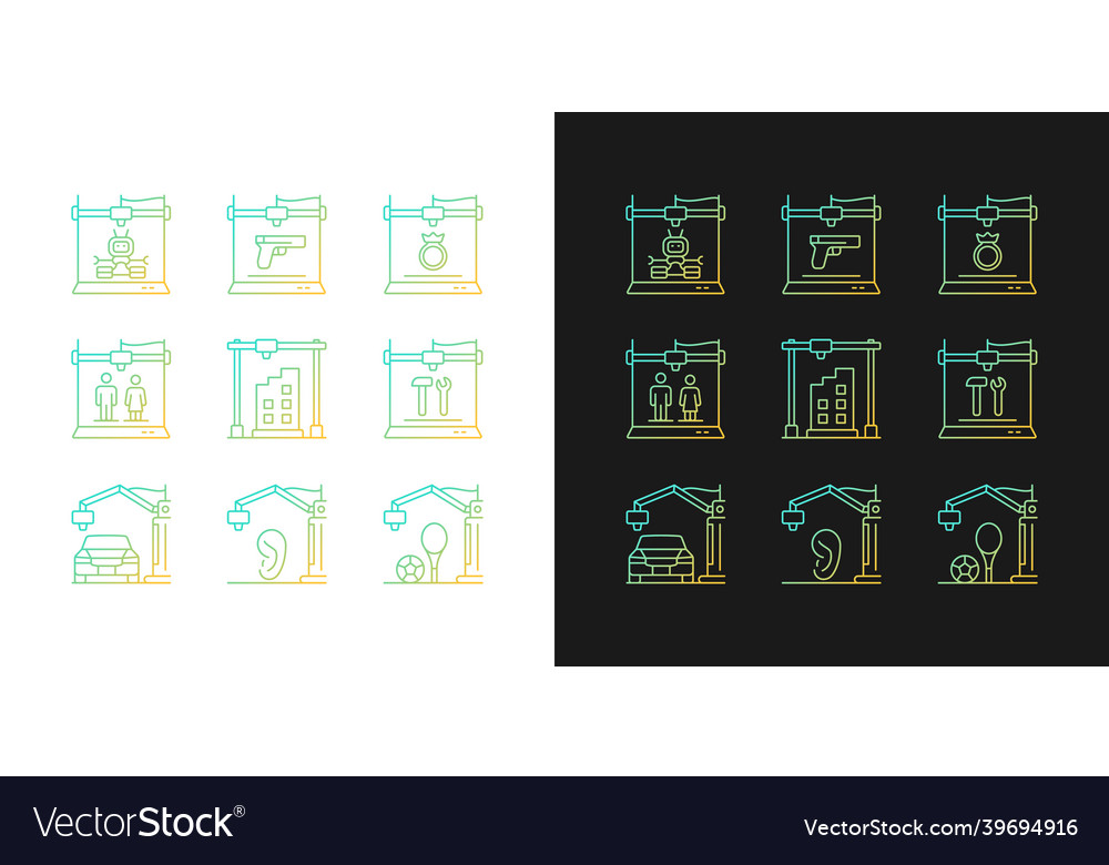 3d printing process gradient icons set for dark vector image 3d printing process gradient icons set for dark