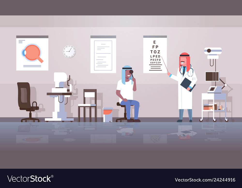 Arab ophthalmologist checking african arabic man Vector Image