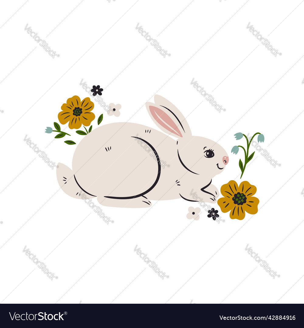 Cute rabbit and flowers isolated on white vector image Cute rabbit and flowers isolated on white