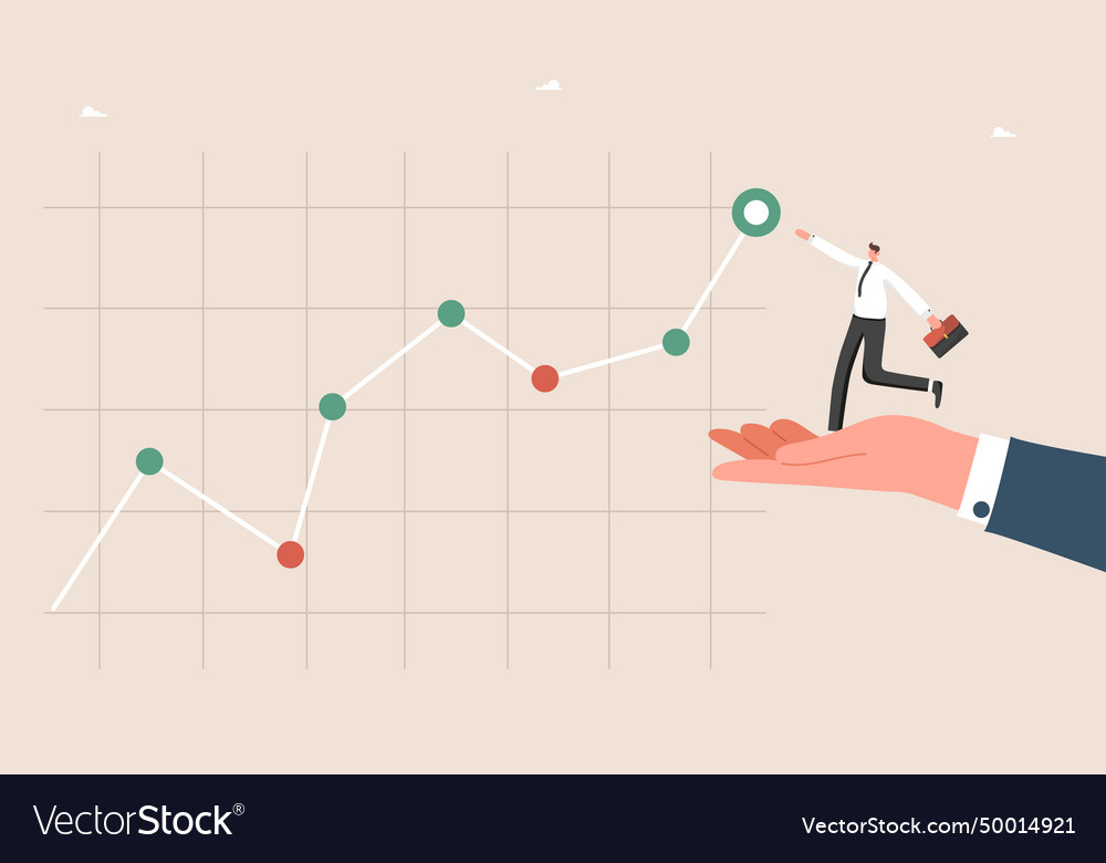Man using big hand reaches top of graph vector image Man using big hand reaches top of graph
