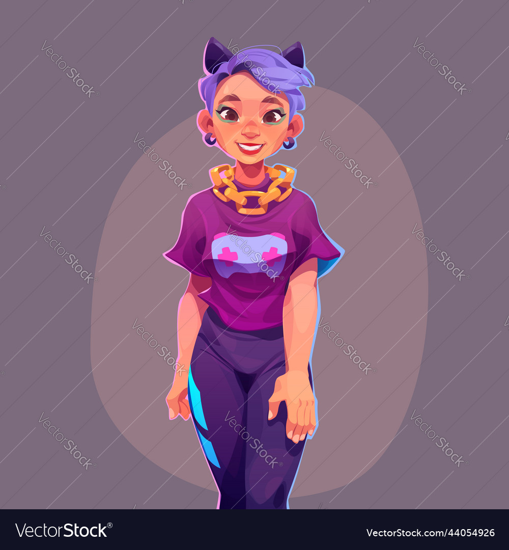 Girl teenager cartoon young woman with violet hair