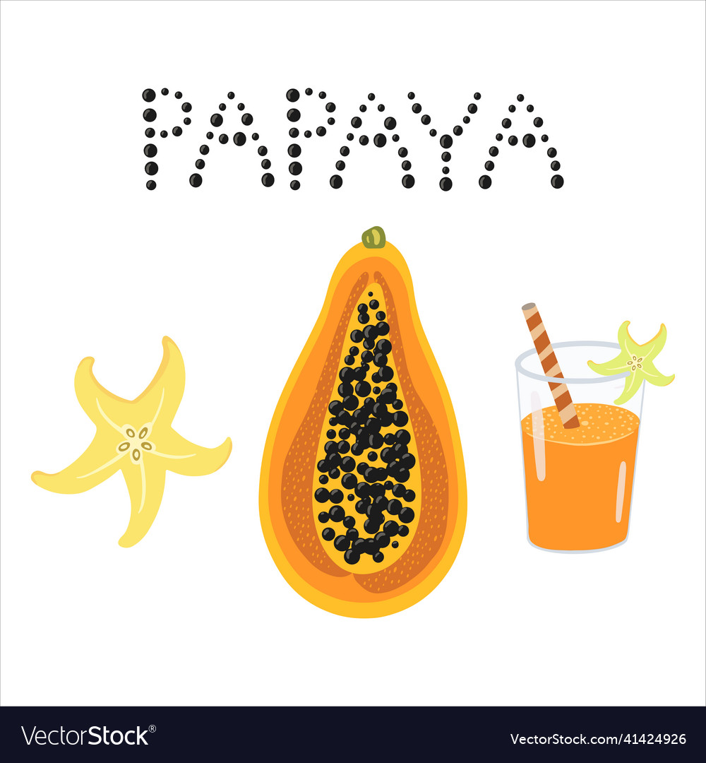 Set of exotic fruit papaya juice and word Vector Image