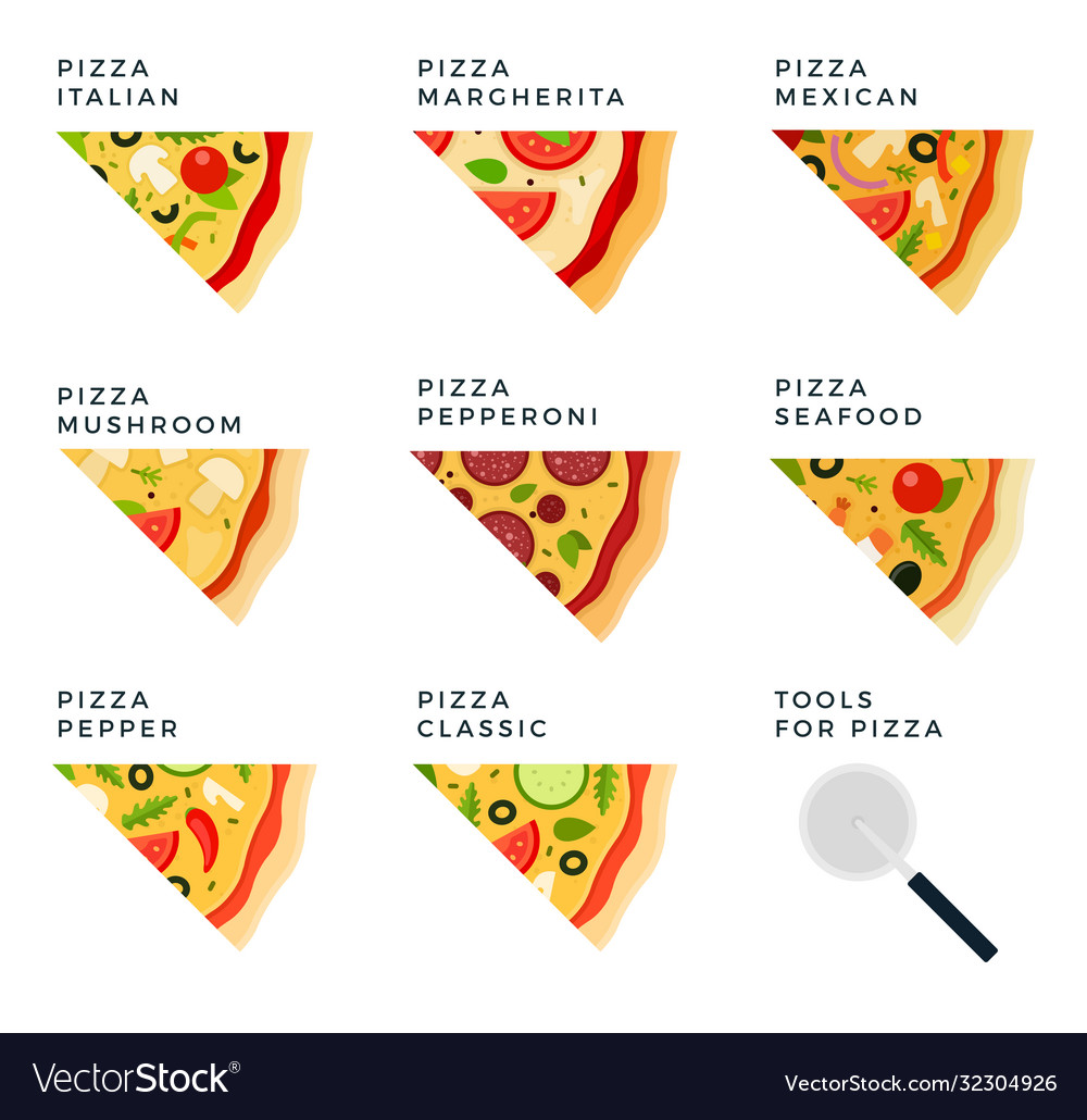 Set pizzas with different ingredients tools Vector Image