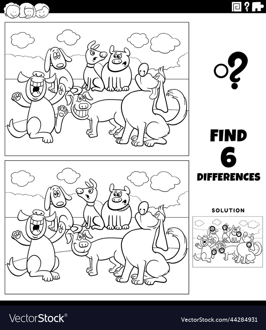 Differences game with cartoon dogs coloring page Vector Image