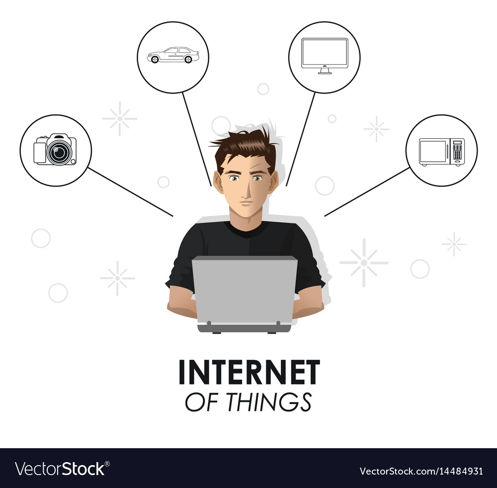 Internet things man working laptop game camera Vector Image