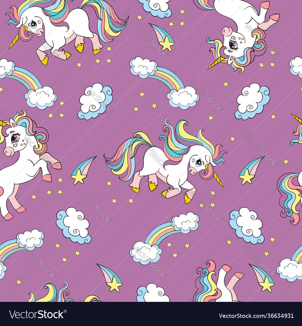 Seamless pattern cute unicorns in sky purple vector image Seamless pattern cute unicorns in sky purple