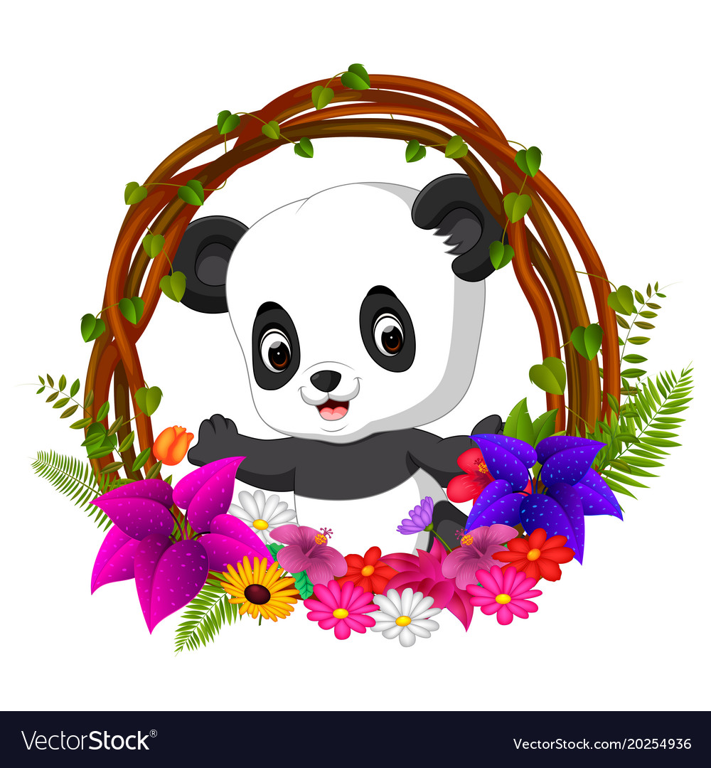 Süße Panda in Wurzel von Baumrahmen mit Blume