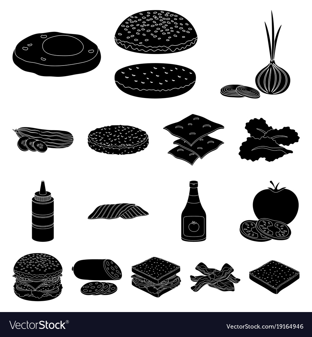 Burger and ingredients black icons in set