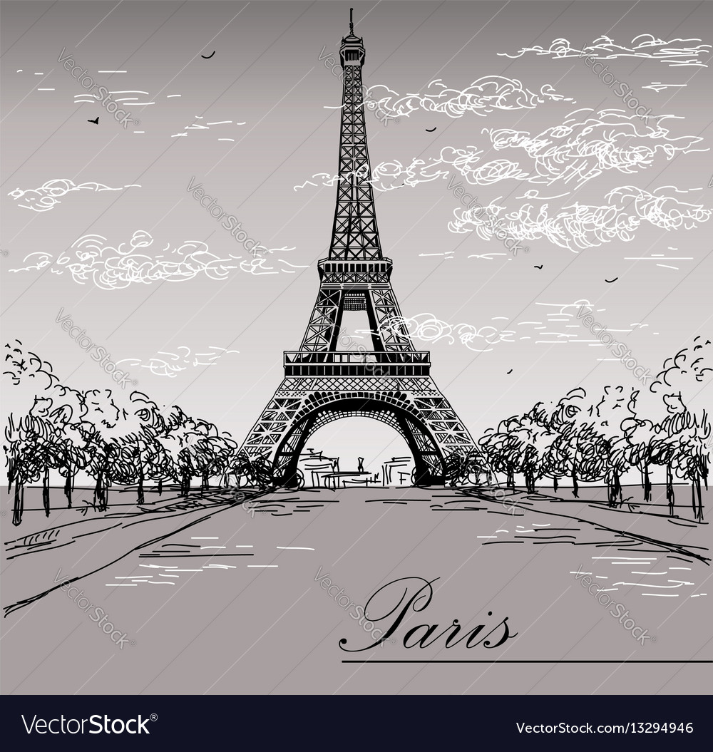 Landscape With Eiffel Tower In Black And White Vector Image