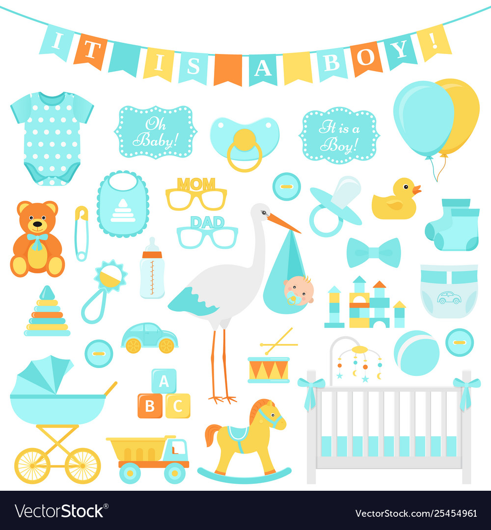 Baby shower boy set blue elements for party Vector Image