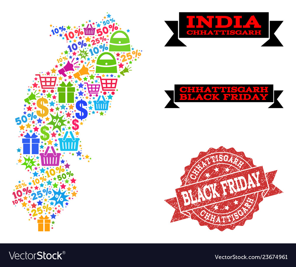 Black friday collage of mosaic map chhattisgarh