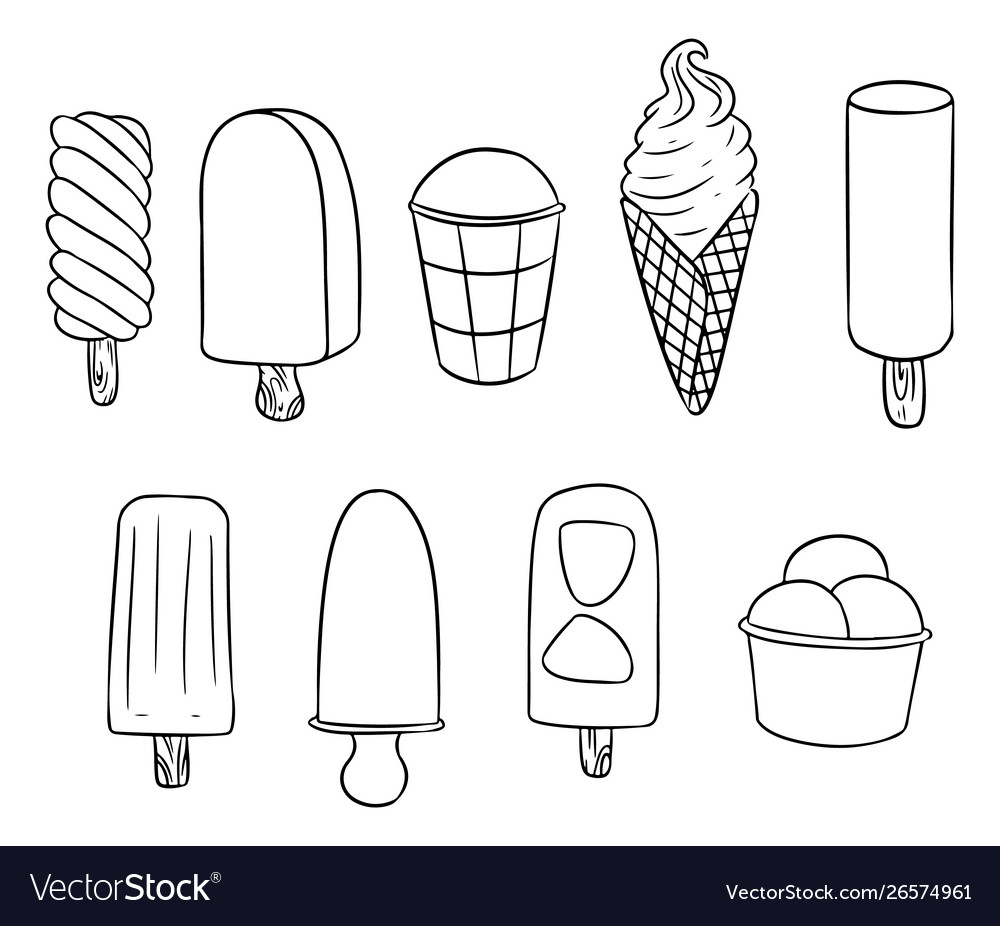 Set ice cream hand drawn lineart icons cute