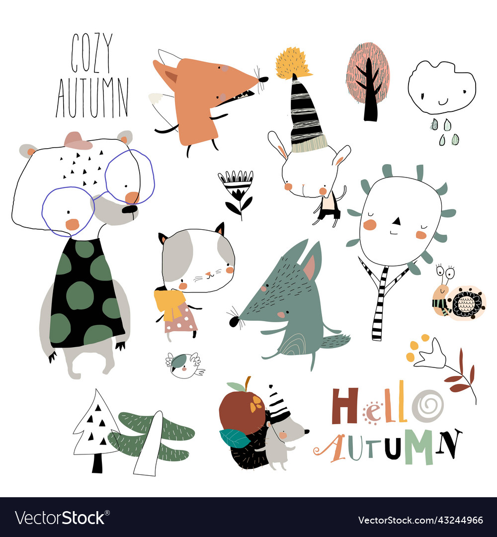 Cartoon autumn set with funny animals and trees