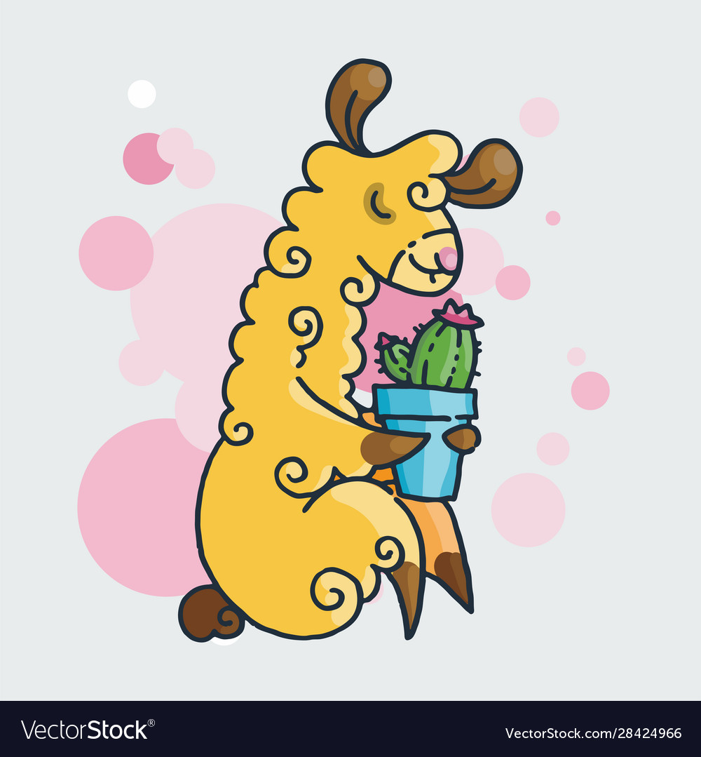 Cute Furry Llama Cute Card Cute Alpaca Drawing Vector Image