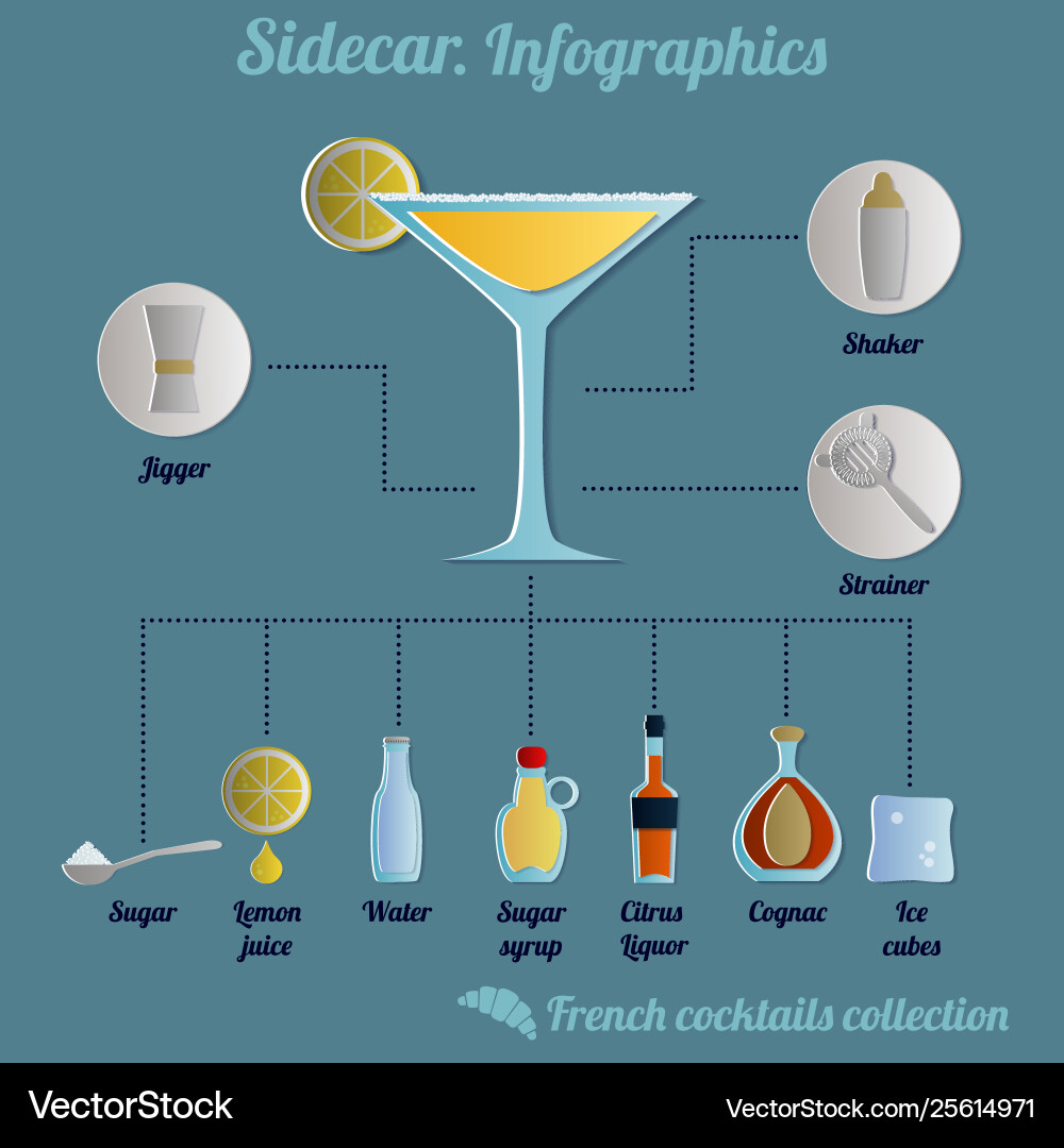 Sidecar cocktail infographics recipe Royalty Free Vector