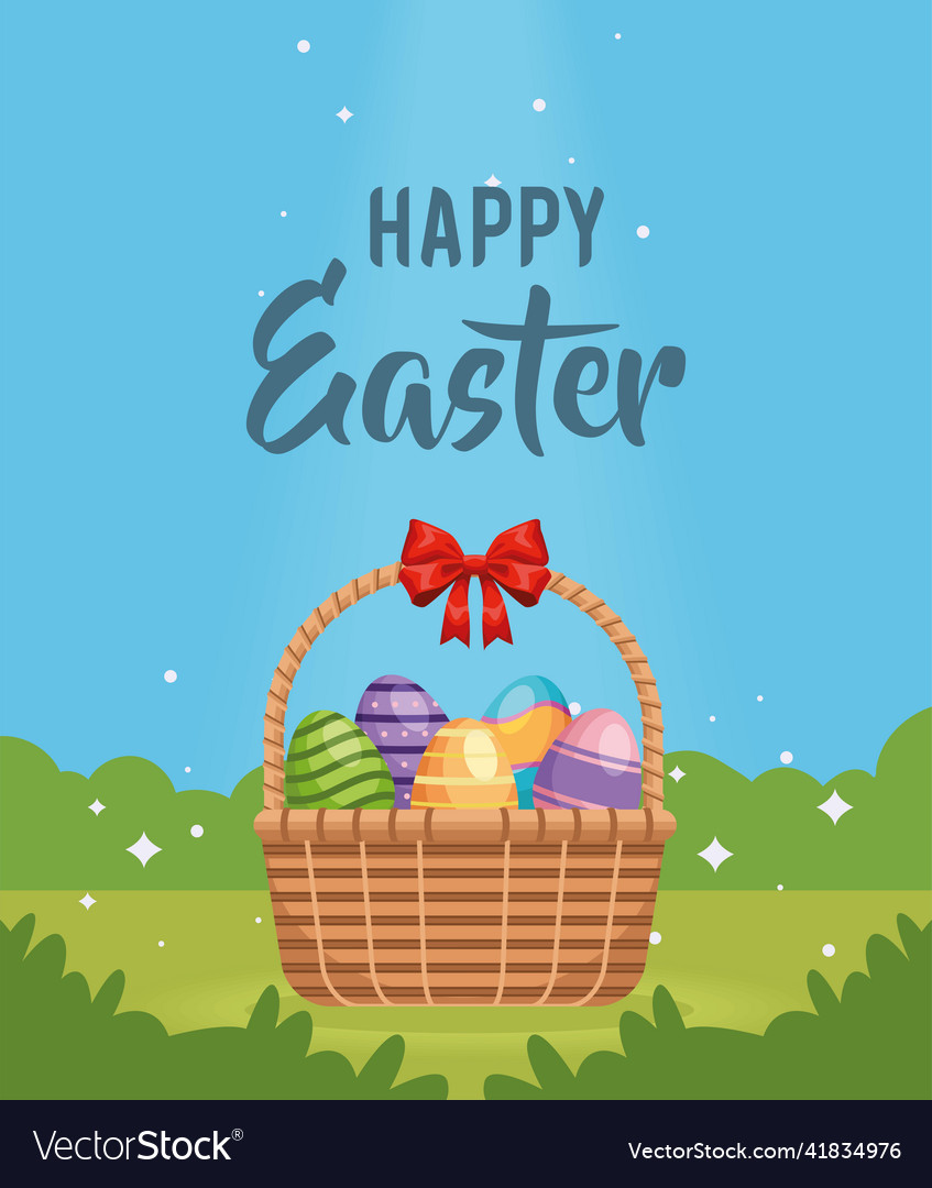 Happy easter basket with eggs Royalty Free Vector Image