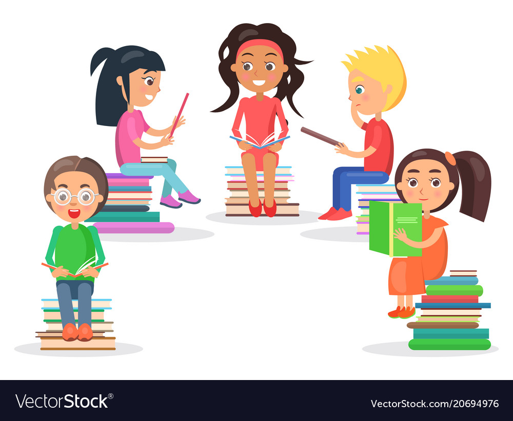 Reading Kids Sits On Heap Of Literature White Vector Image