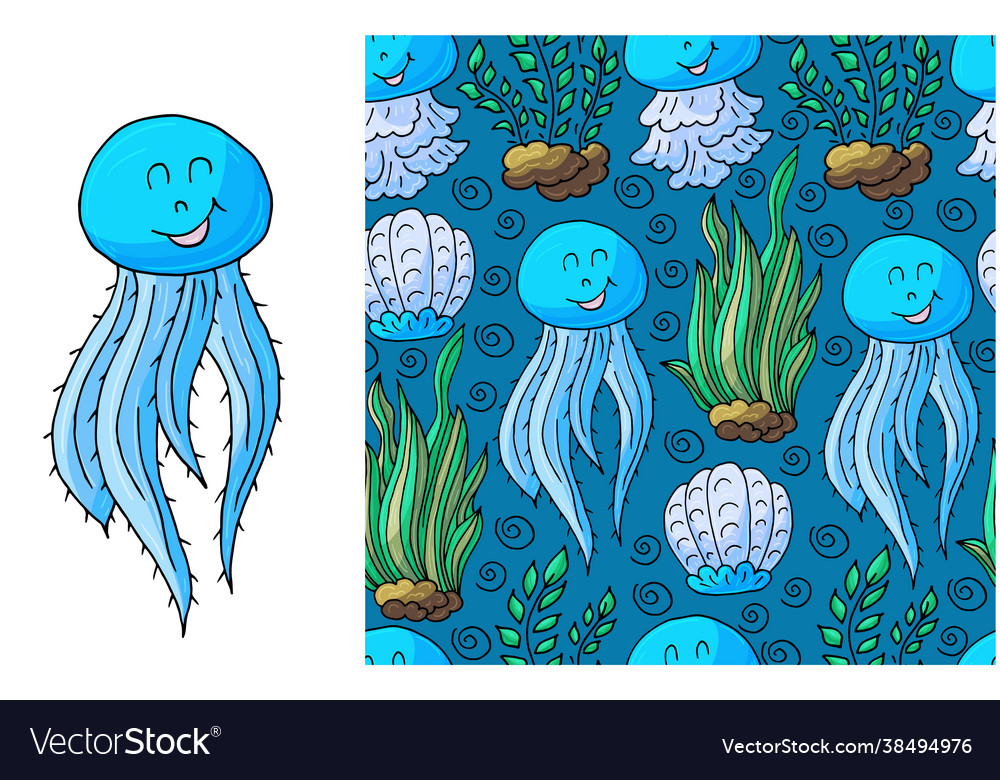Set element and seamless pattern jellyfish vector image Set element and seamless pattern jellyfish
