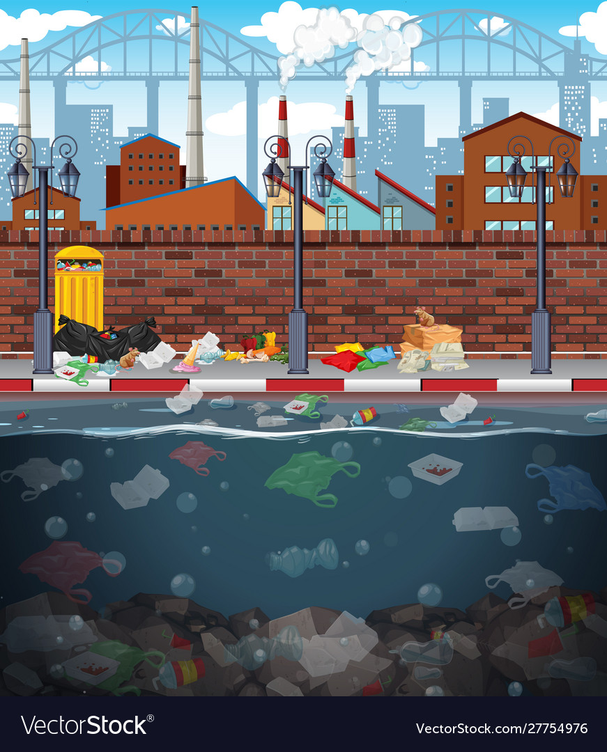 Water pollution with plastic bags in river Vector Image