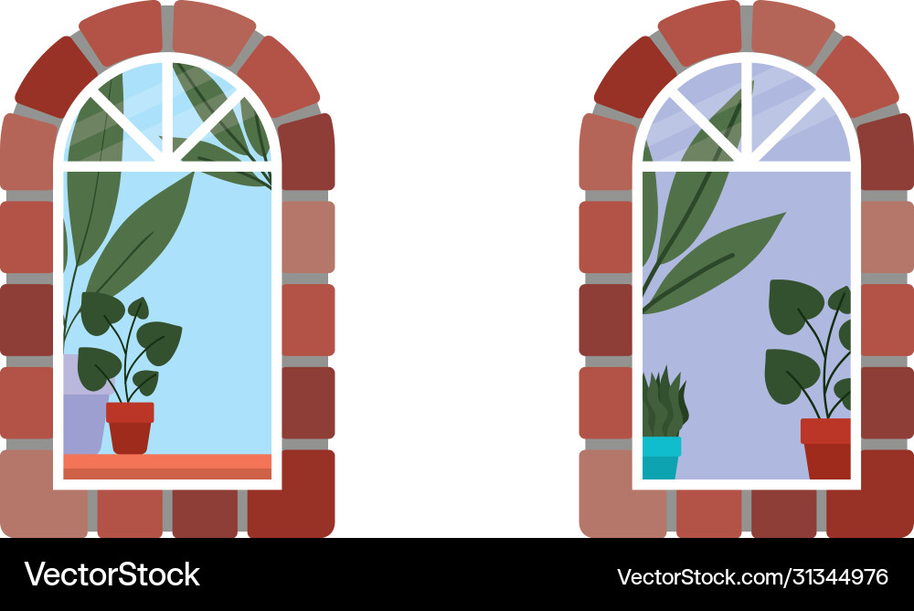 Windows with interior view plants design Vector Image