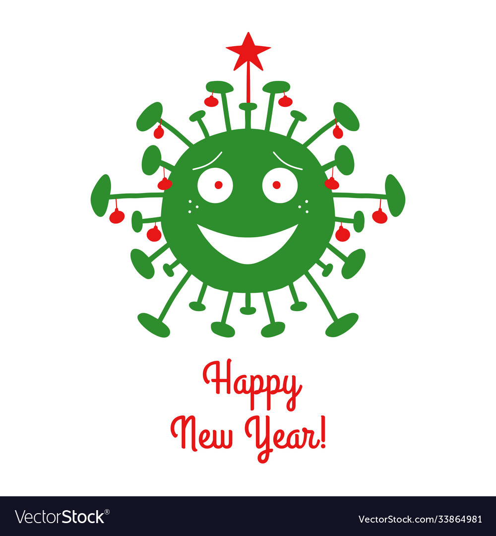 Happy new year green cartoon coronavirus bacteria vector image Happy new year green cartoon coronavirus bacteria
