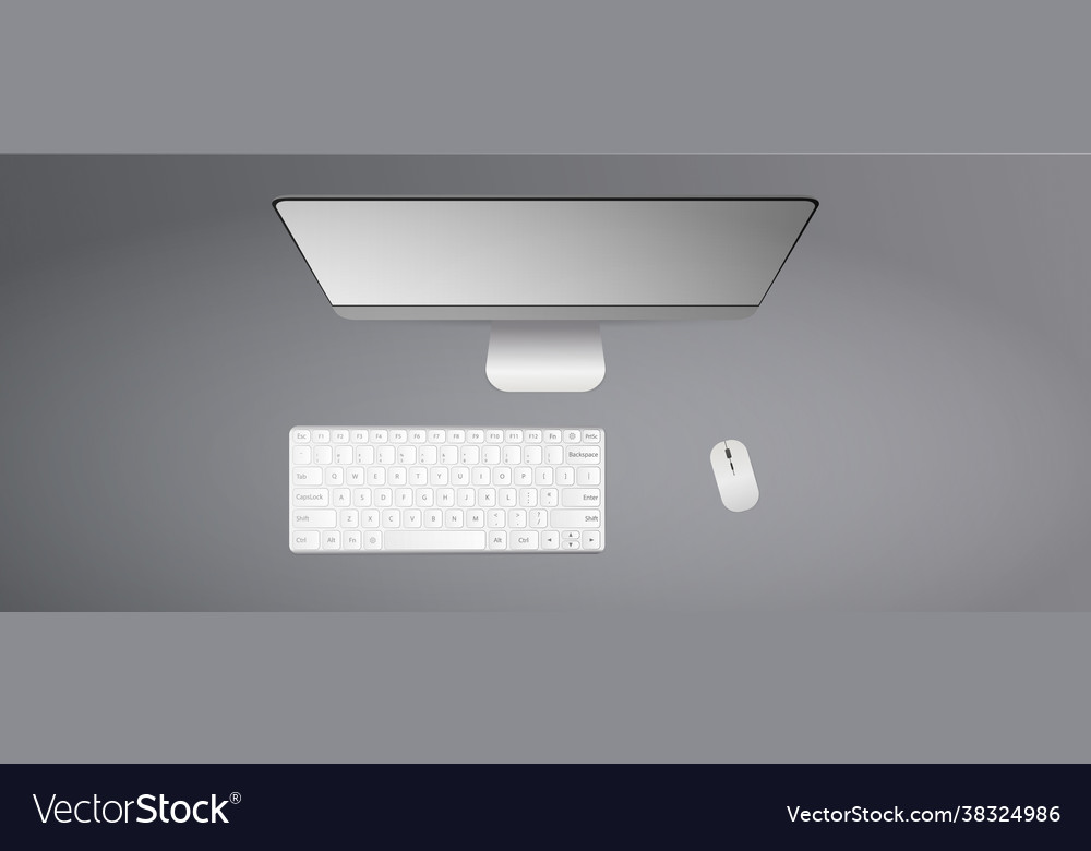 Flat lay top view office desk keyboard computer vector image Flat lay top view office desk keyboard computer
